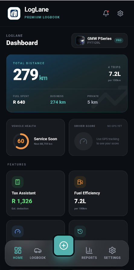 LogLane dashboard screen